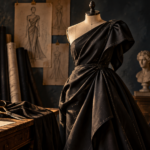 Conceptual illustration of black fabric draped on a dress form in a tailoring studio