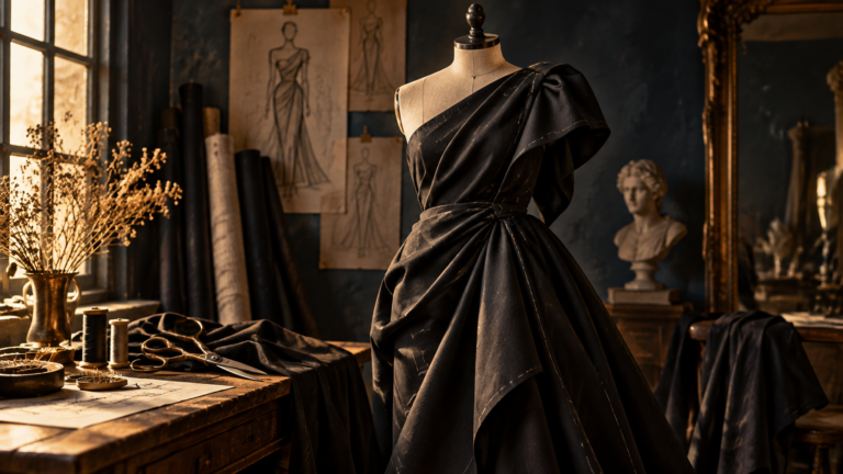 Conceptual illustration of black fabric draped on a dress form in a tailoring studio
