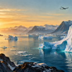 Original editorial illustration of icebergs in an Arctic fjord beneath a passenger aircraft.
