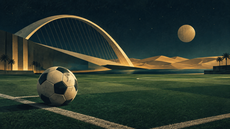 Conceptual football illustration with an imaginary stadium and desert horizon