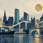 Conceptual illustration of European buildings, a cargo ship and a gently rising gold ribbon.