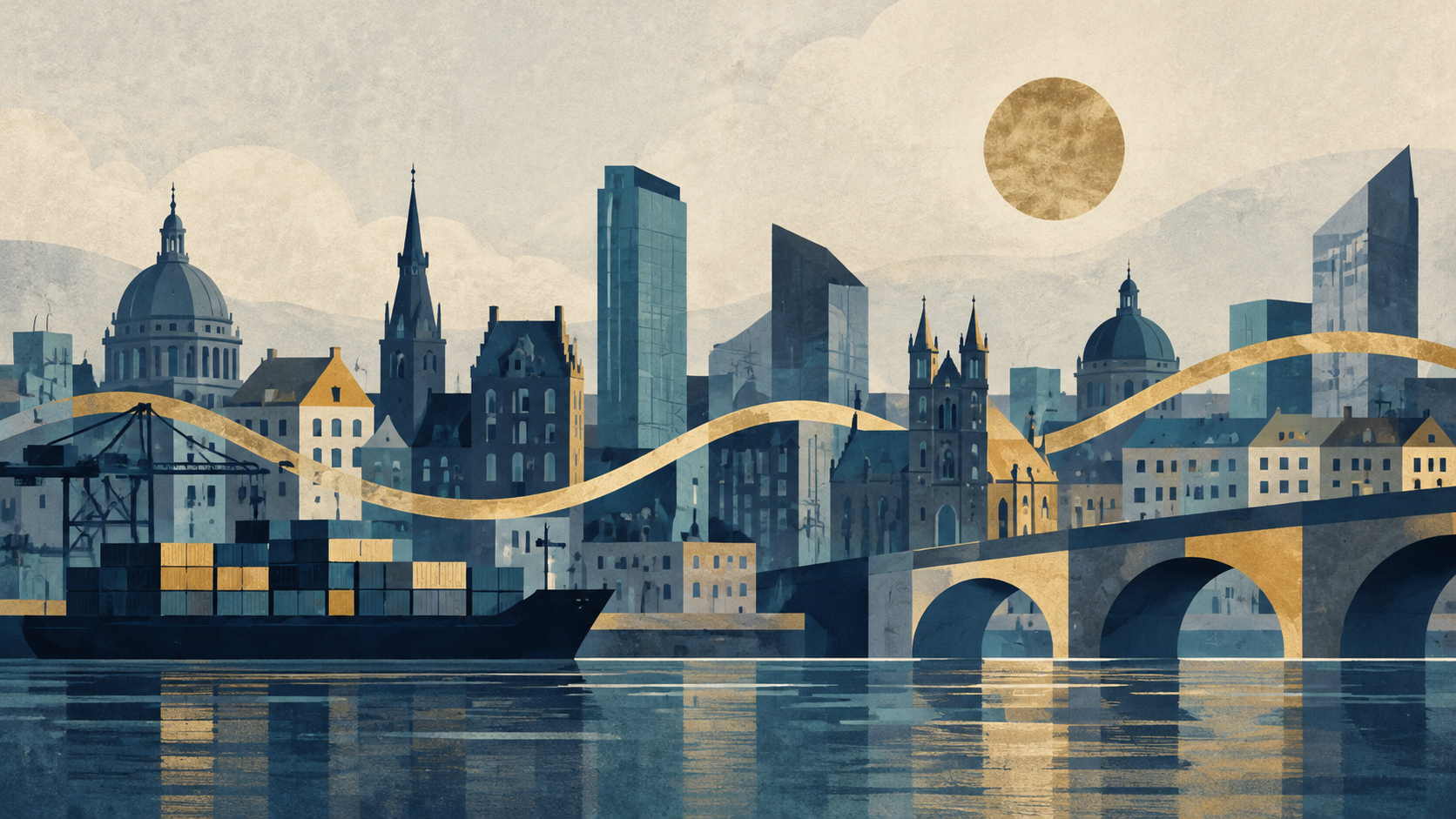Conceptual illustration of European buildings, a cargo ship and a gently rising gold ribbon.